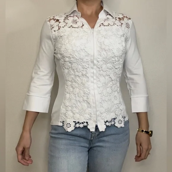 NaraCamicie | Italian Made White Zip Up 3/4 Sleeve Blouse - Picture 5 of 11